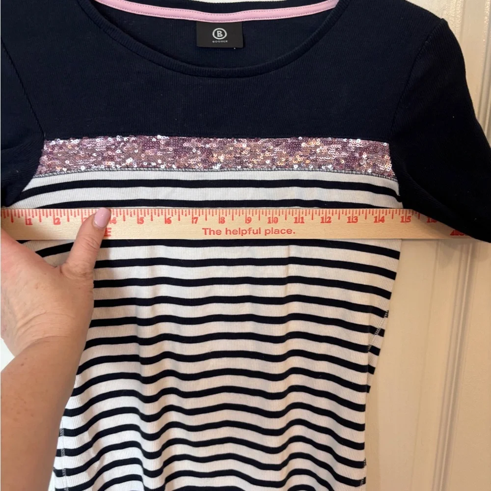 Bogner Striped Navy and White T-Shirt with Pink Sequin Detail Women’s M/L or 10 - Picture 8 of 8